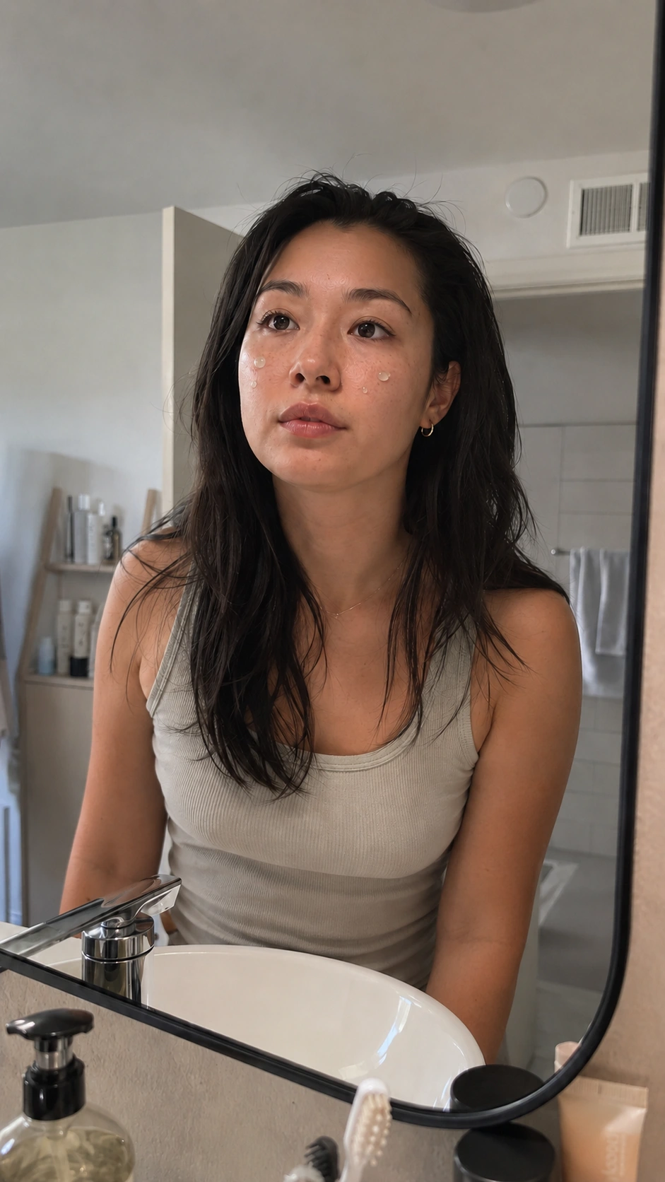 Reference image showing serum drops on the model's face