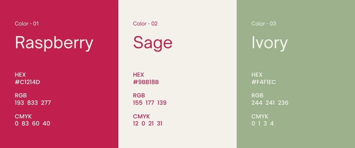 Ayone color palette: raspberry, sage, and ivory