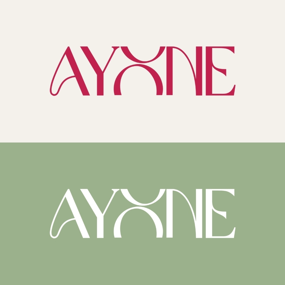 Ayone primary logo on raspberry, sage, and ivory backgrounds