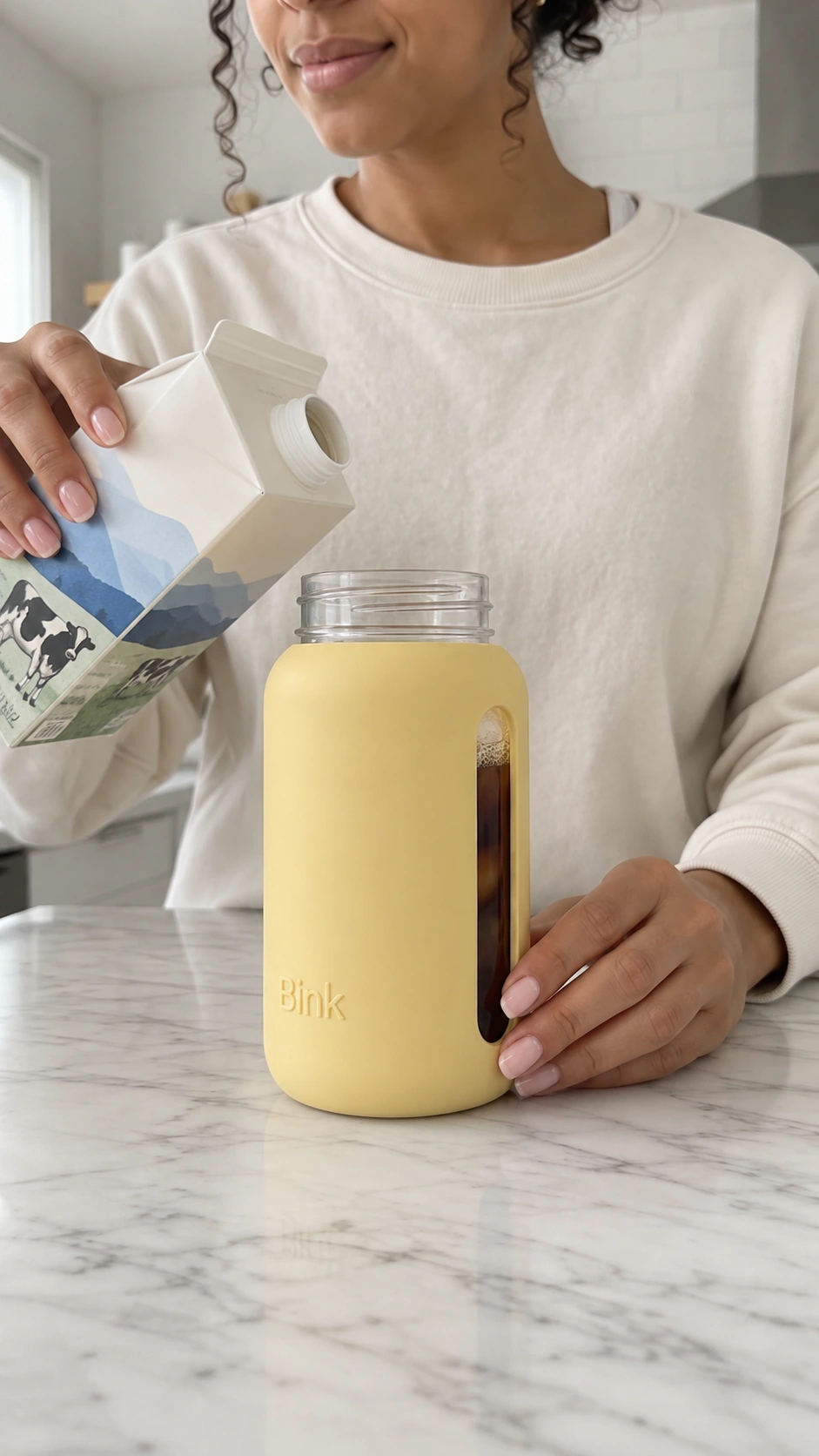 Reference image of the model holding a milk carton