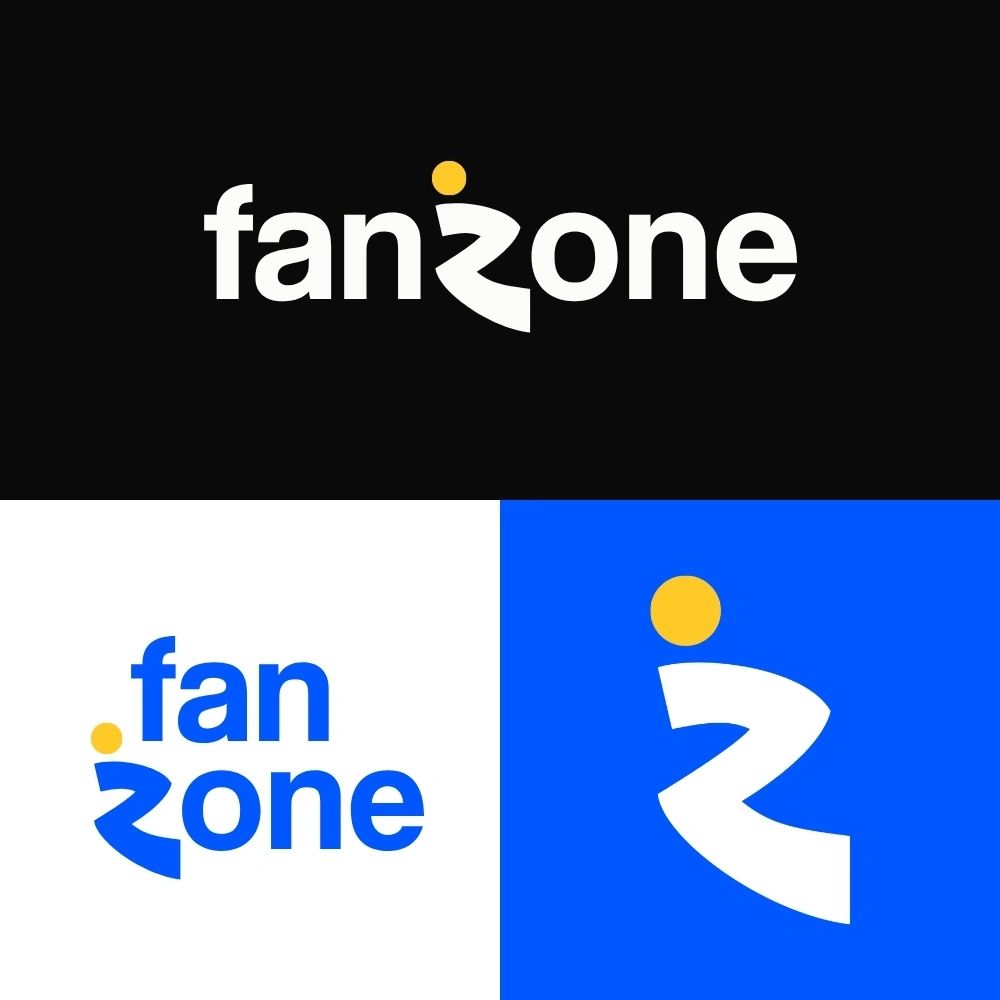 FanZone primary logo lockup on blue, white, and dark backgrounds