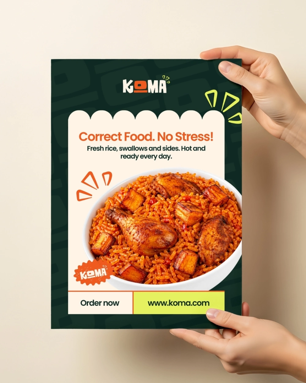 KOMA flyer design featuring jollof rice