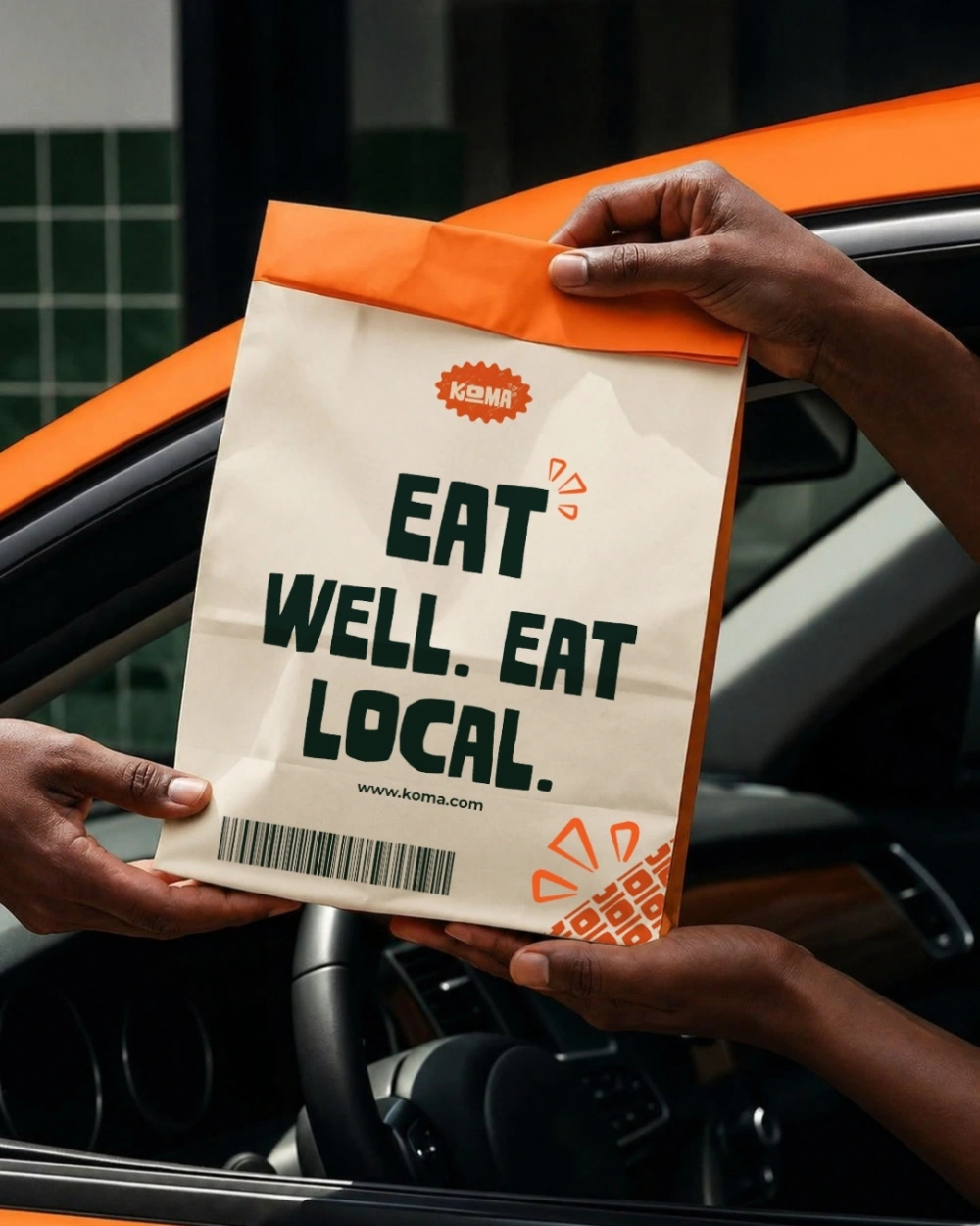 KOMA delivery bag hand-off mockup