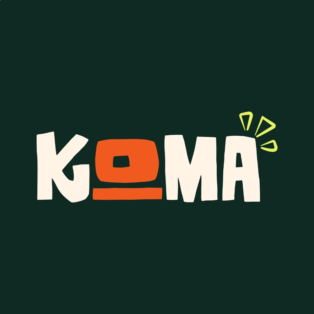 KOMA wordmark across cream, dark green, orange, and black backgrounds